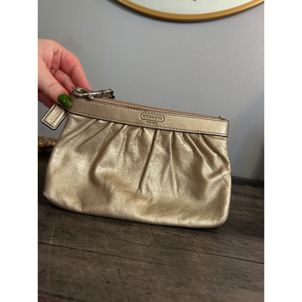 Coach Madison Metallic Gold Leather Pleated Wristlet Clutch Bag Champagne